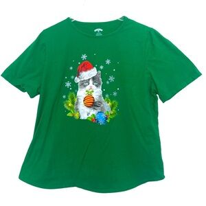 Holiday Time. Green Short Sleeve Tee. Christmas Kitty Graphic. Size 2X